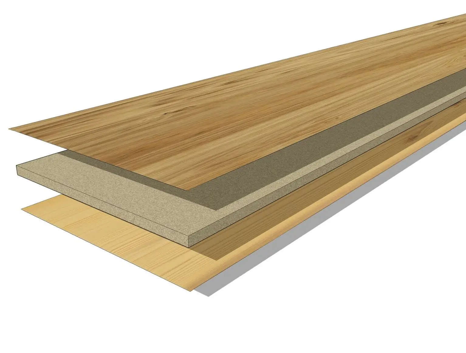 Illustration of layered wood flooring, showing upper wood veneer, middle composite layer, and bottom backing layer, highlighting construction.