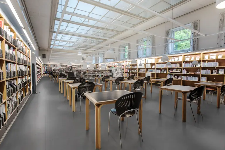 Spacious library interior with rows of bookshelves, wooden tables, and chairs under a large skylight, creating a bright and inviting atmosphere.