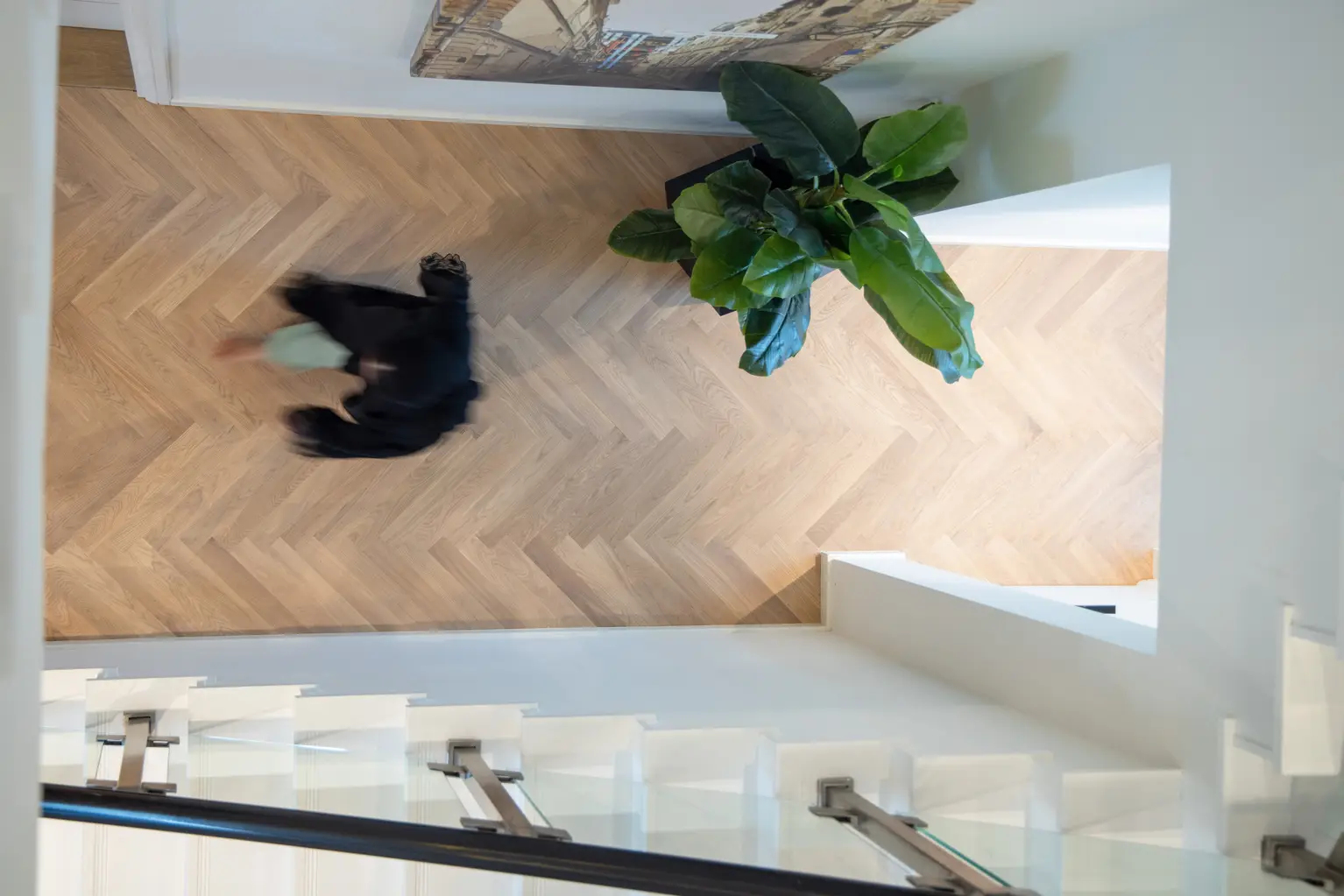 Blurred person walking on a wooden herringbone floor near a large potted plant, viewed from above.