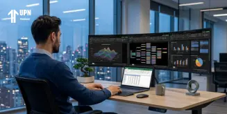 Usuario evaluando datos financieros y métricas usando Copilot en Excel en un monitor múltiple.