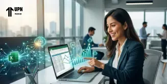 Mujer analizando gráficos en Excel con inteligencia artificial en una oficina moderna.