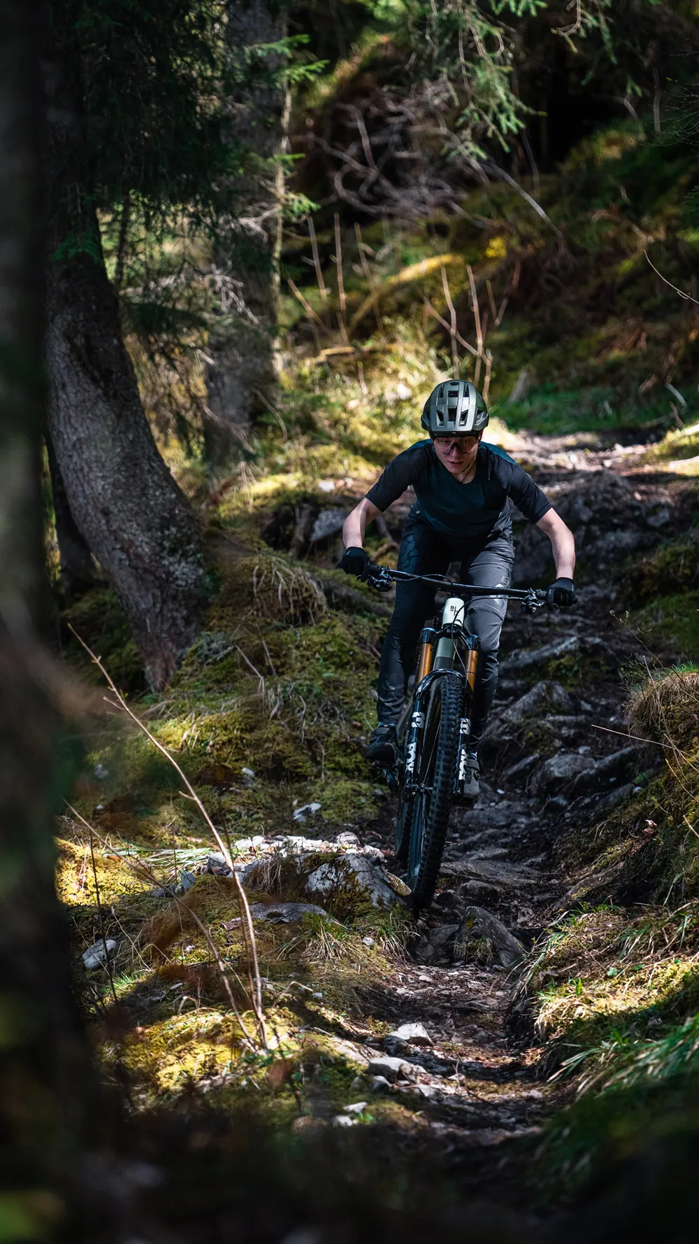 Fahrerin auf Hardtail im Wurzeltrail zwischen moosbewachsenen Felsen im Wald, Hochformat