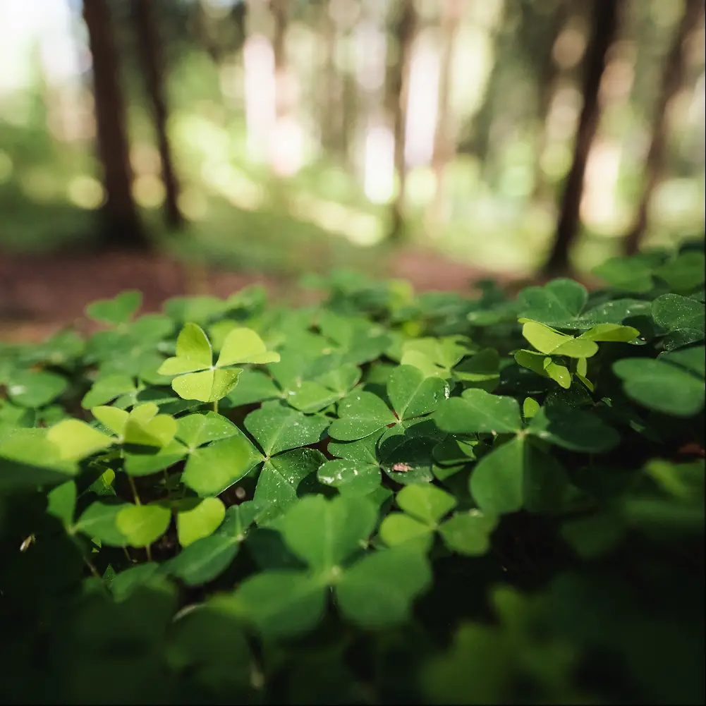 Nahaufnahme von Kleeblättern auf sonnigem Waldboden