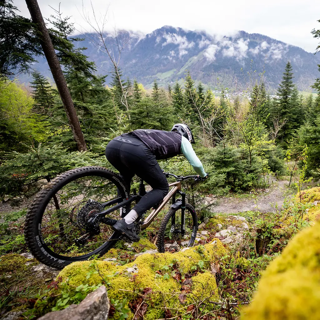 BIXS E-Mountainbiker fährt Trail bergab vor Alpenkulisse