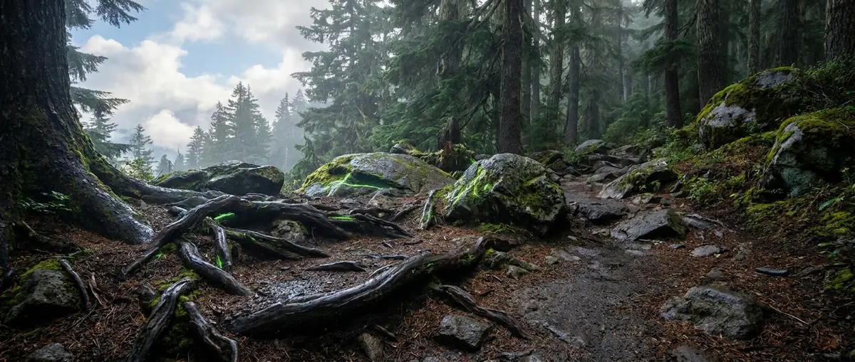 Waldpfad mit Wurzeln und moosbedeckten Felsen mit grünem Firefly-Lichtakzent