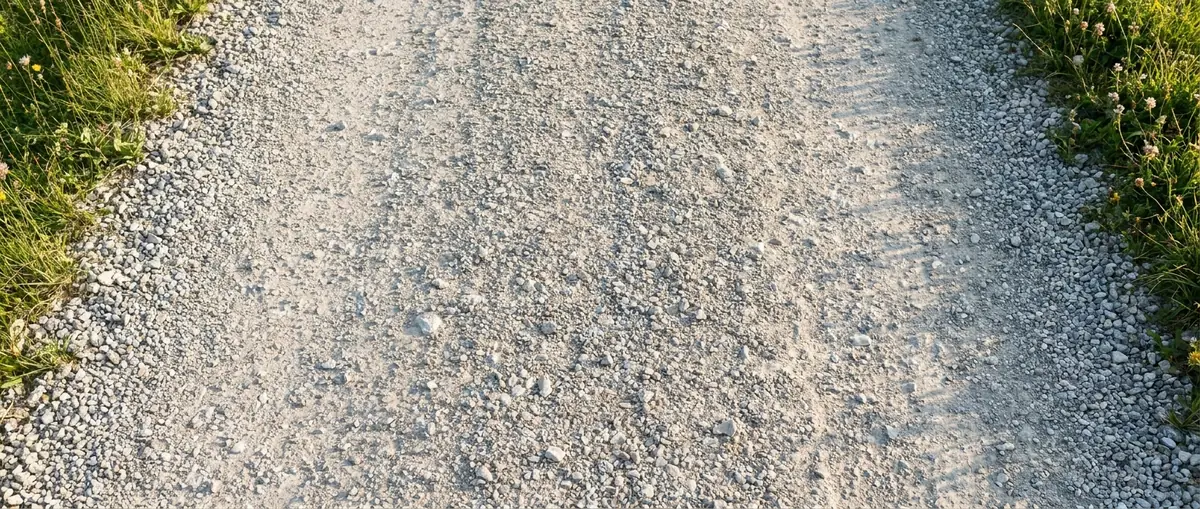Nahaufnahme eines Schotterwegs mit Wiesenrand als Hintergrundtextur für Gravel