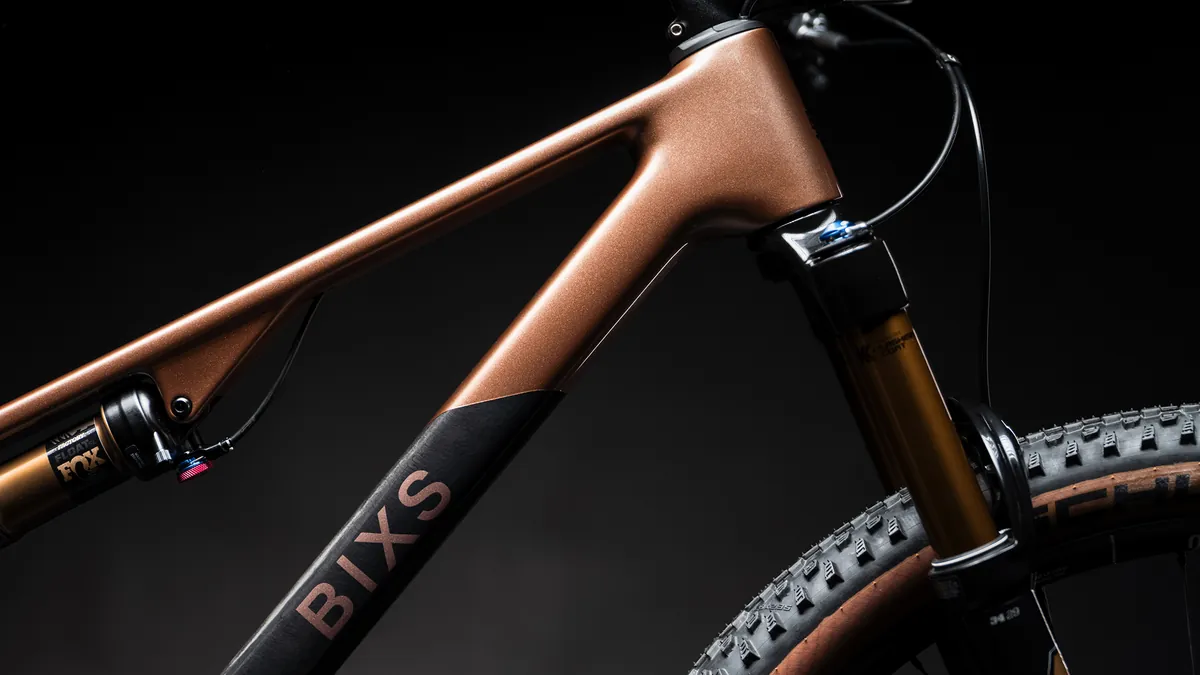 Nahaufnahme des Steuerrohrs mit BIXS Logo und FOX Float SL Dämpfer am Pace LTD