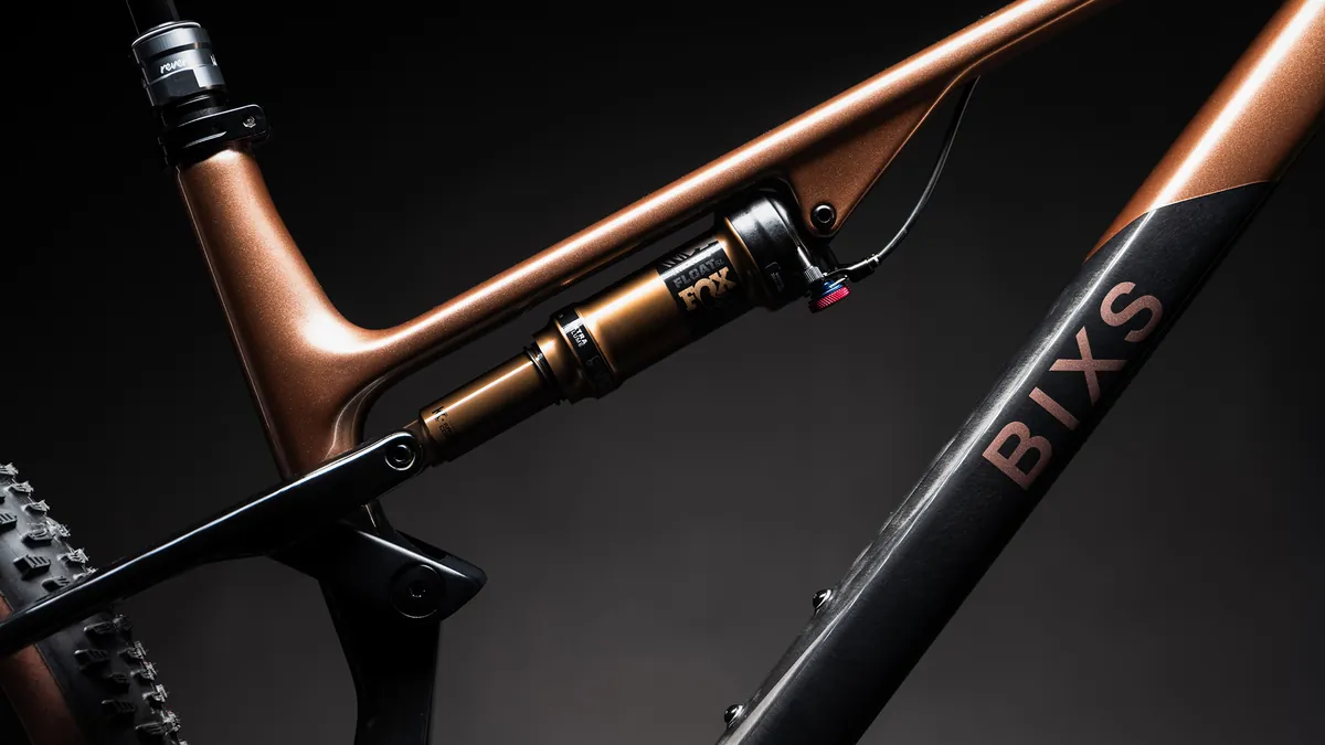 Nahaufnahme des FOX Float SL Dämpfers mit RockShox Reverb Sattelstütze am Pace LTD