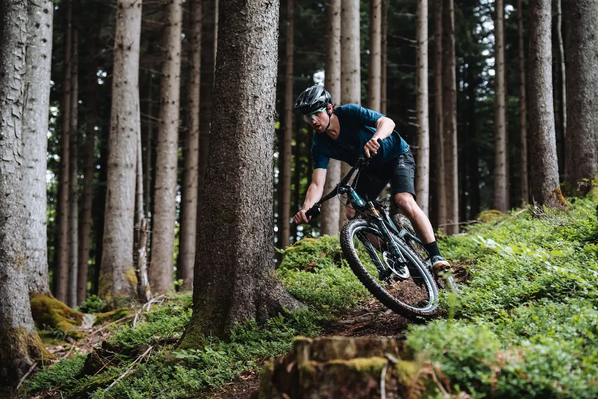 Mann fährt Sign-E Mountainbike aggressiv um einen Baum auf Waldtrail