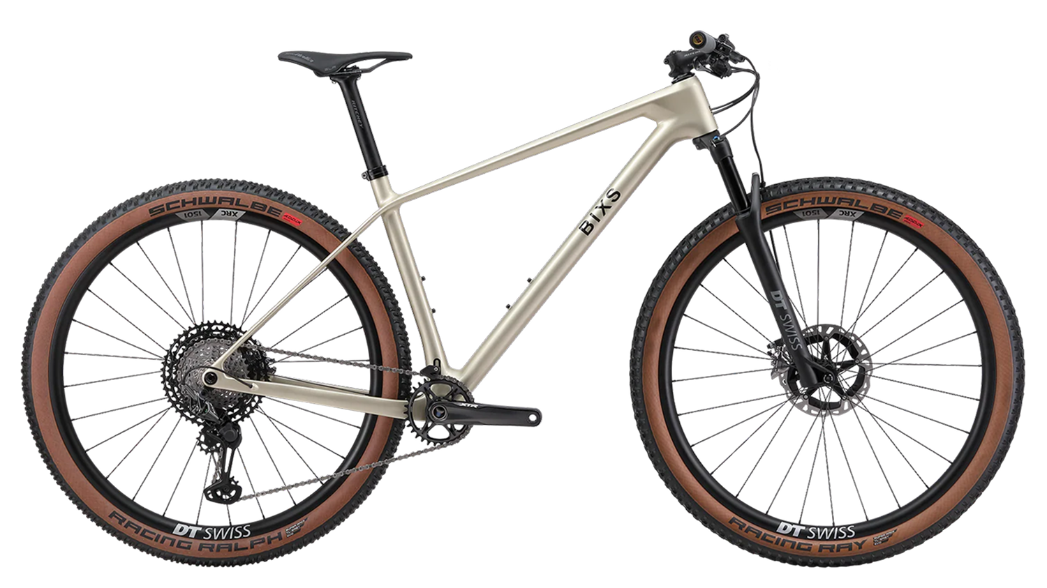BIXS Core Team Hardtail Mountainbike in Sandfarben mit Carbonrahmen, Seitenansicht Freisteller