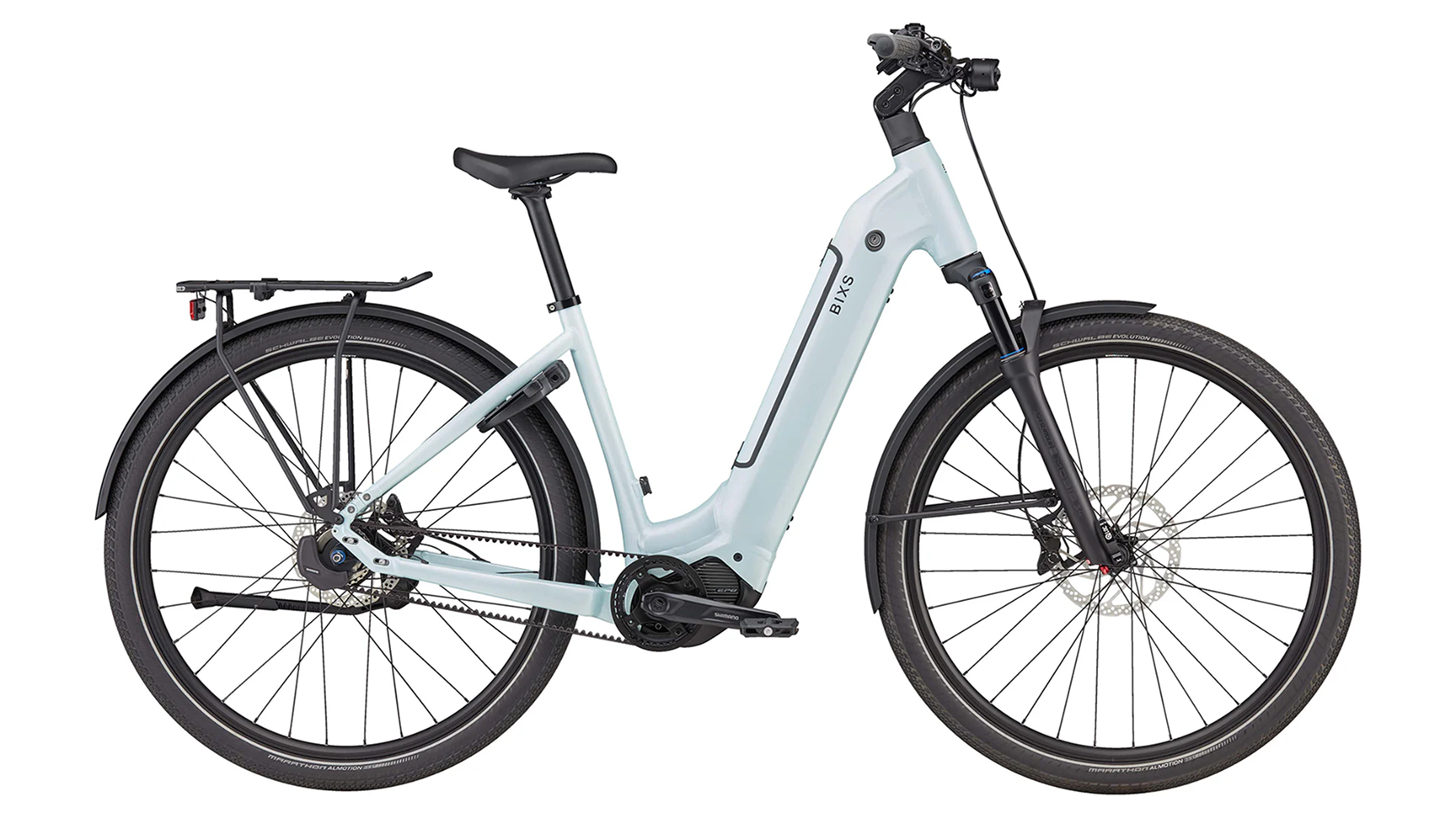 BIXS Campus-EX Di E-Bike in Hellblau mit Gepäckträger und Riemenantrieb, Seitenansicht Freisteller
