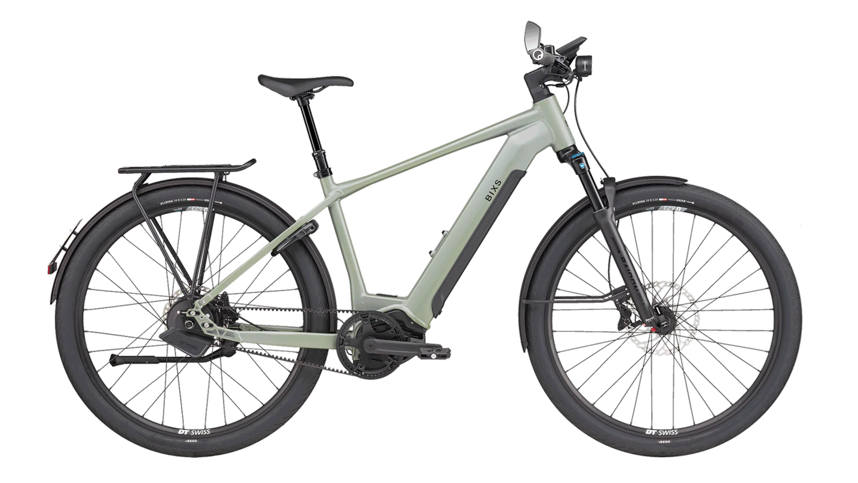 BIXS Access-EX E-Bike in Olive mit Gepäckträger und Schutzblechen, Seitenansicht Freisteller