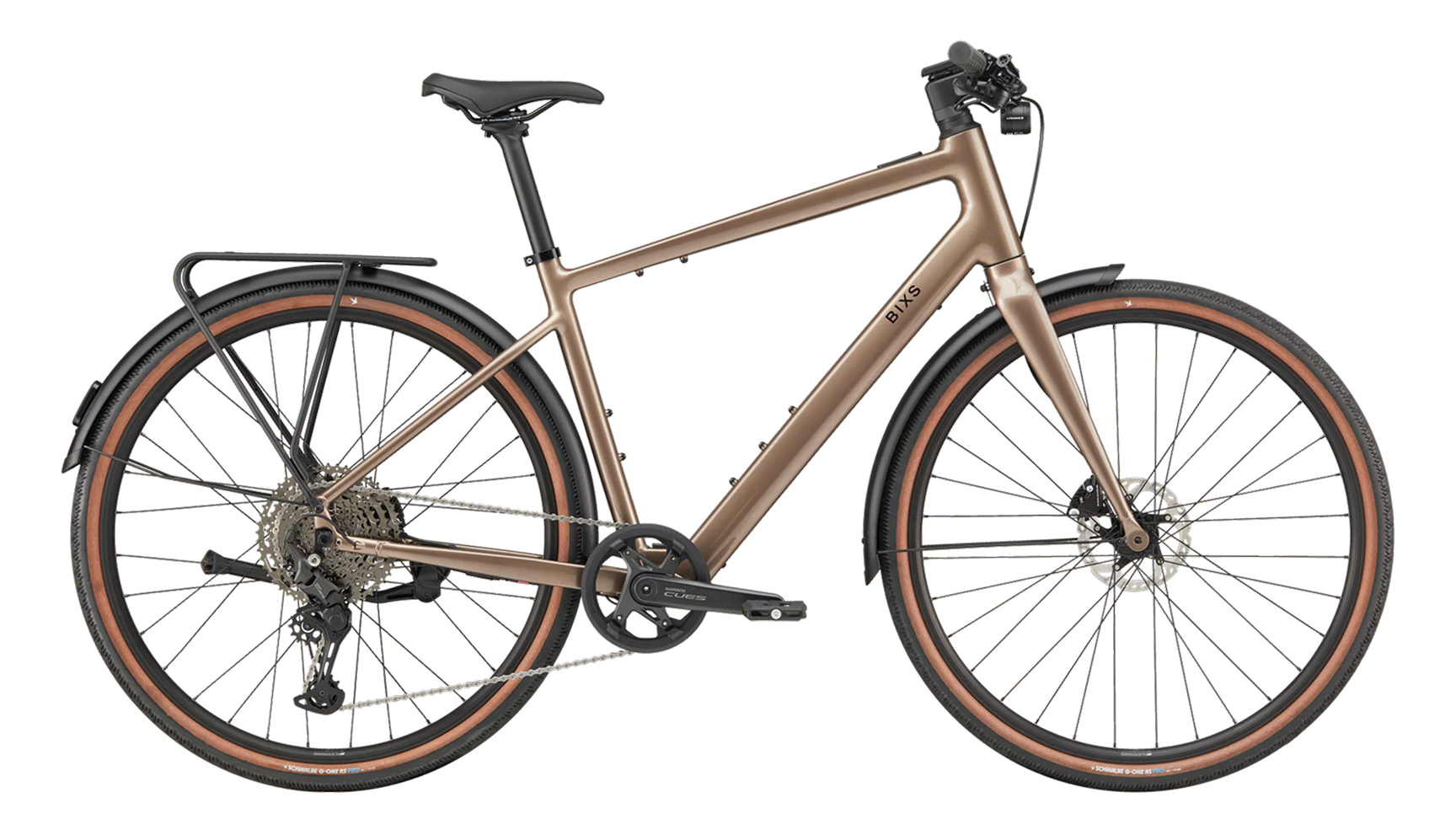 BIXS District-E1 E-Bike in Bronze mit Gepäckträger und Schutzblechen, Seitenansicht Freisteller