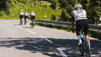 Rennradfahrer-Gruppe im Renntrikot auf kurvenreicher Bergstrasse von hinten