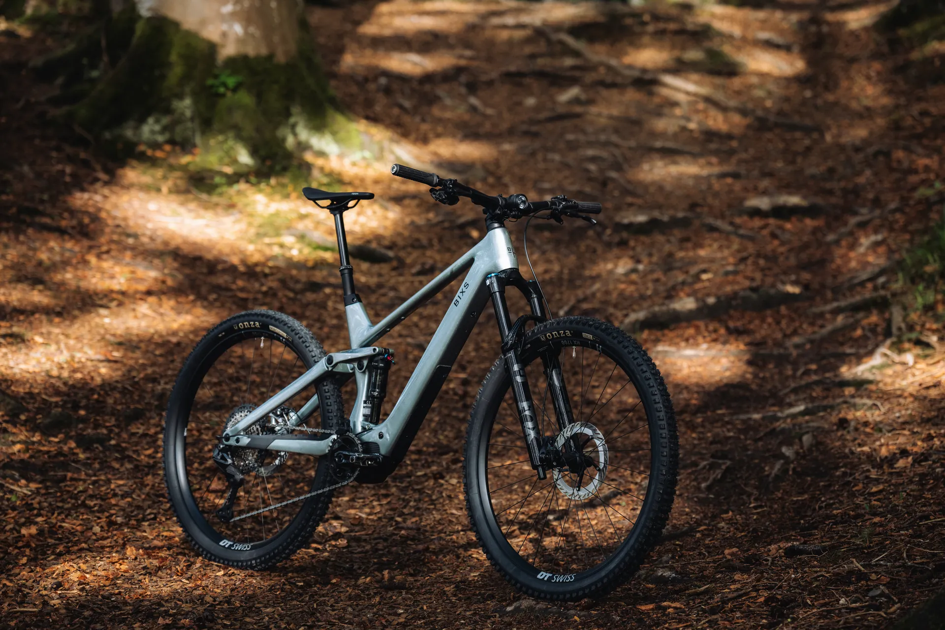 BIXS Sign EX E-Mountainbike steht freistehend auf einem sonnigen Waldweg
