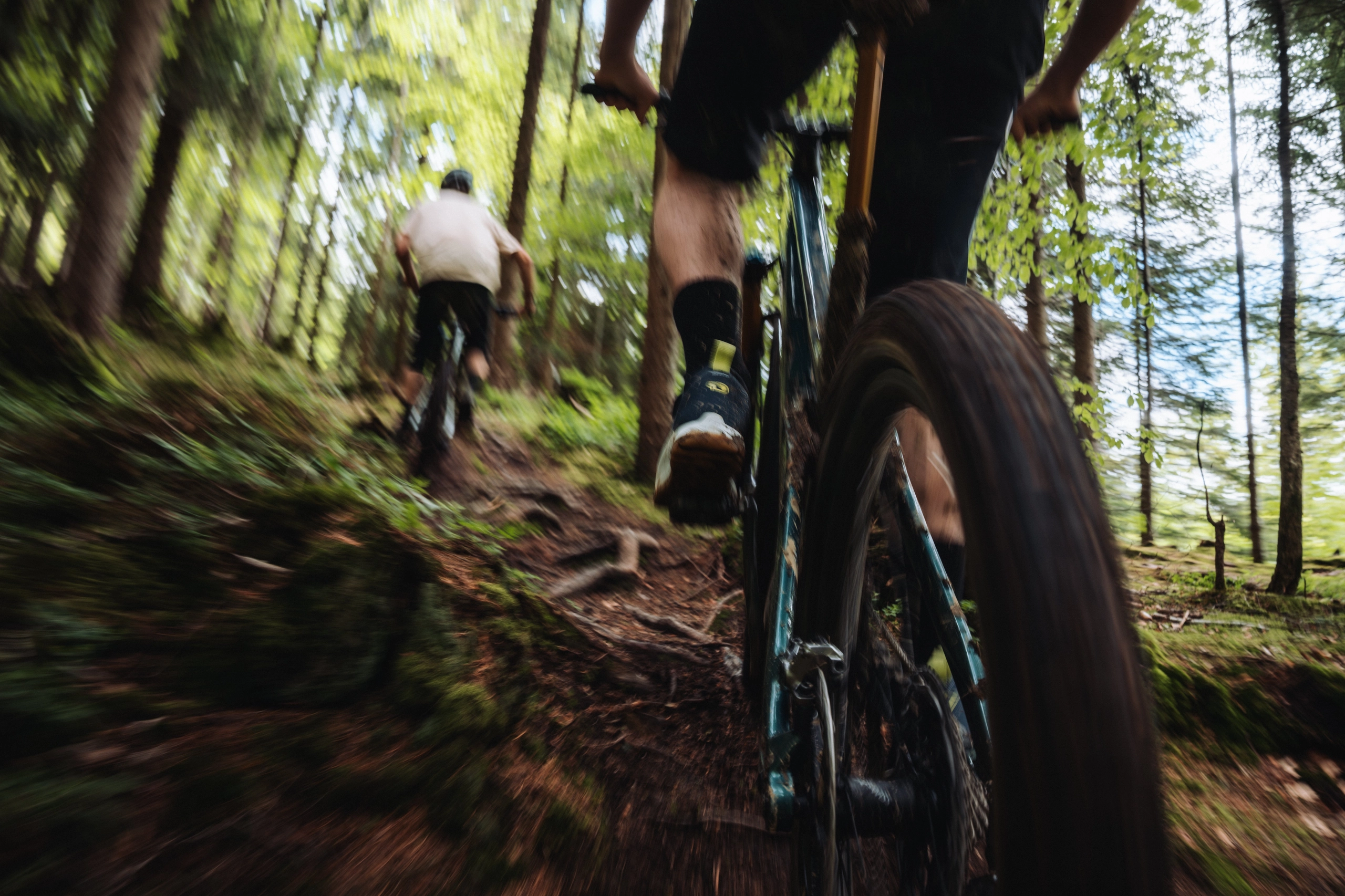 Dynamische Fahrperspektive vom Sign-E aus, Fahrer in voller Bewegung auf Waldtrail, Bewegungsunschärfe im Blätterdach