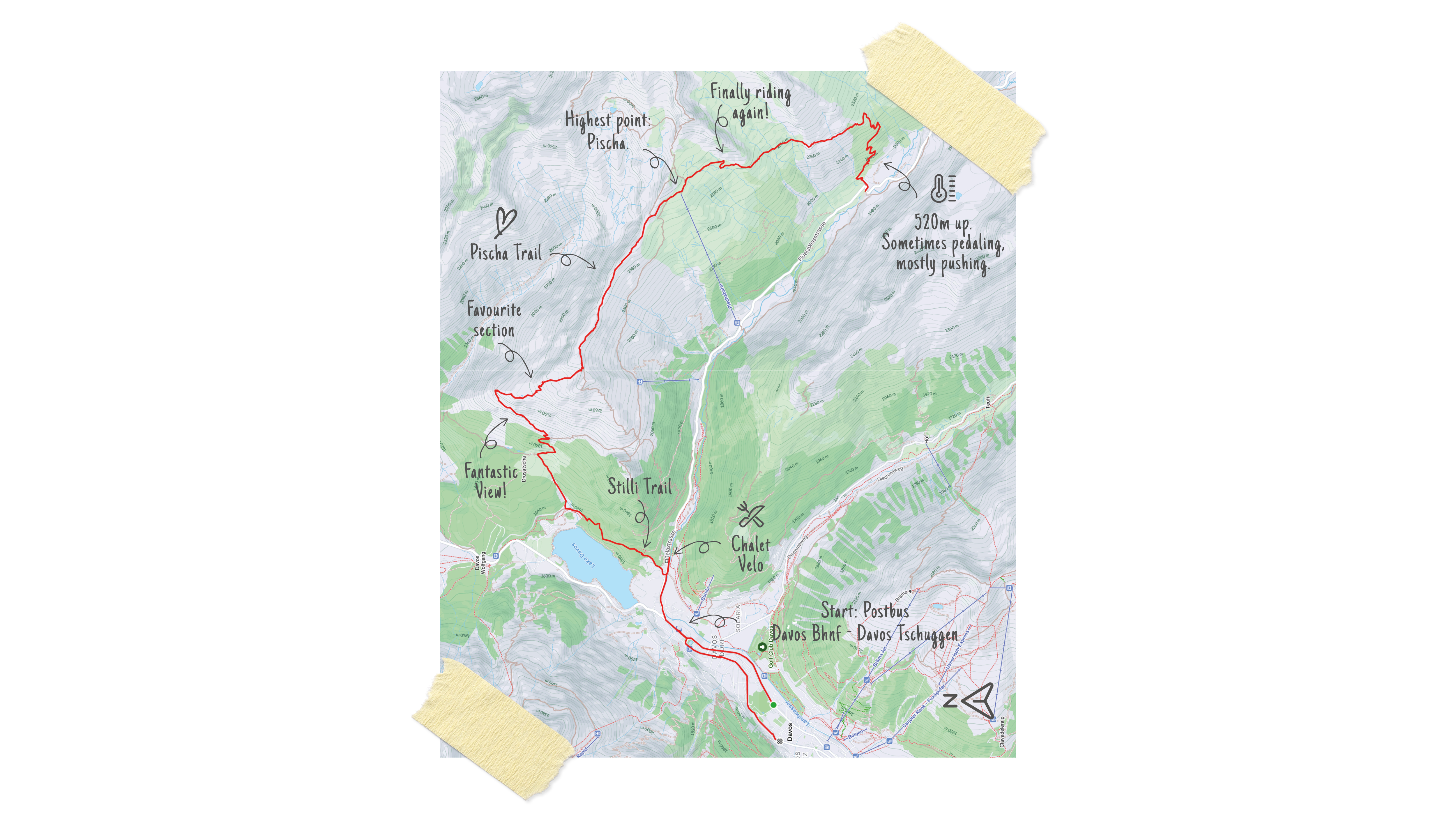Eine Karte mit dem Trail und Bemerkungen von Davos nach Pischa.