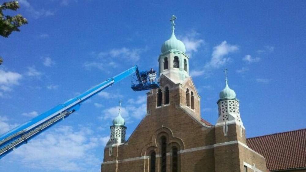 masonry repair crane at church above all masonry and construction