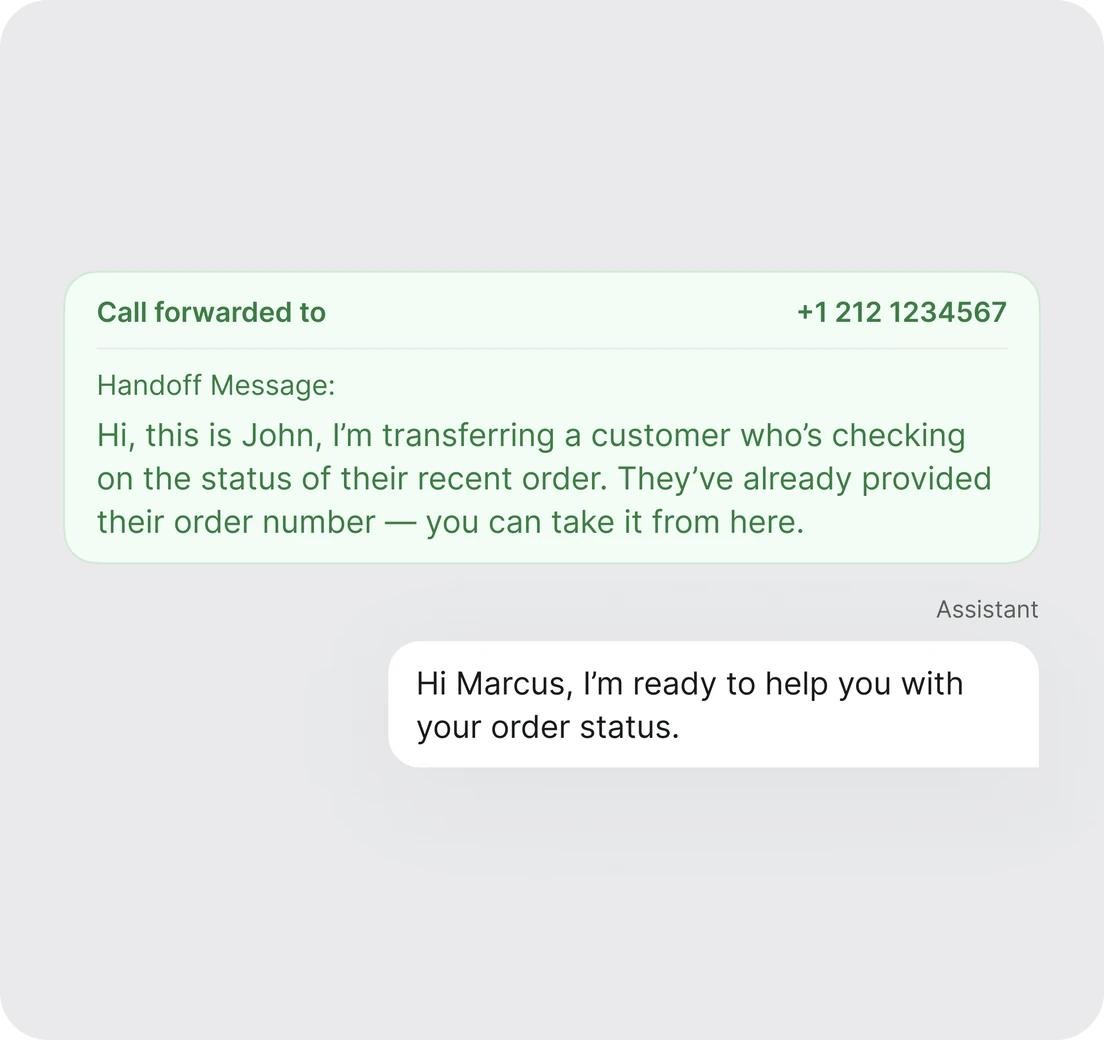 A call forwarded to a team member with a handoff message summarizing what the customer needs