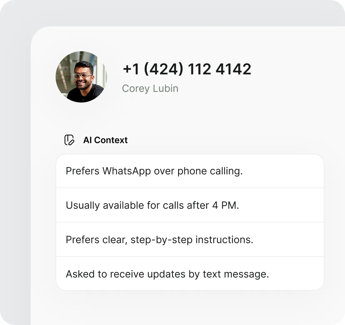 Callers customer context showing communication preferences and relevant customer information