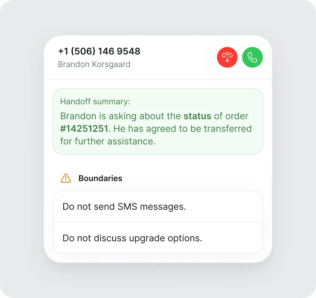 A live call with Brandon Korsgaard showing a handoff summary. He is asking about the status of order #14251251 and has agreed to be transferred, above a “Boundaries” list