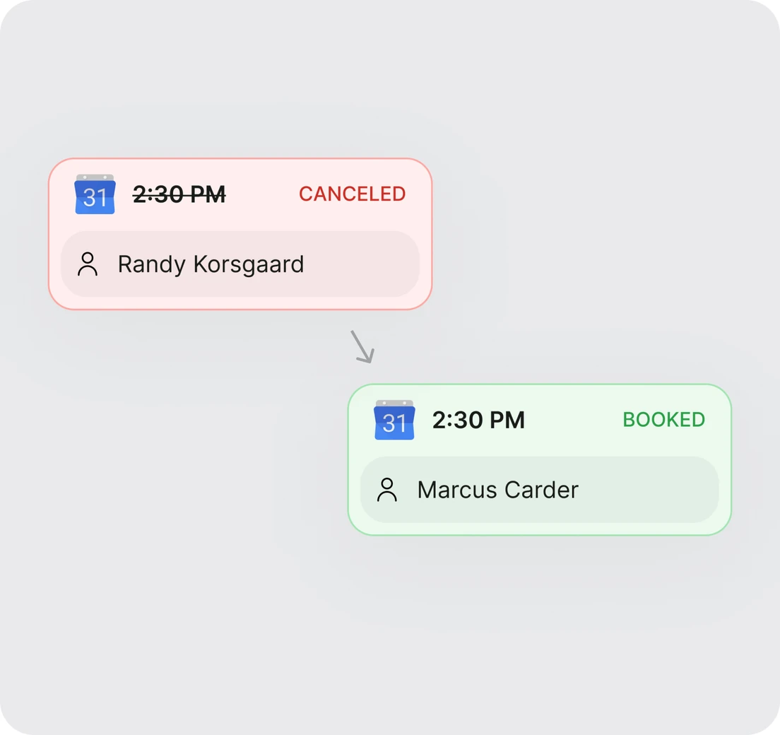 A canceled 2:30 PM slot rebooked for another customer