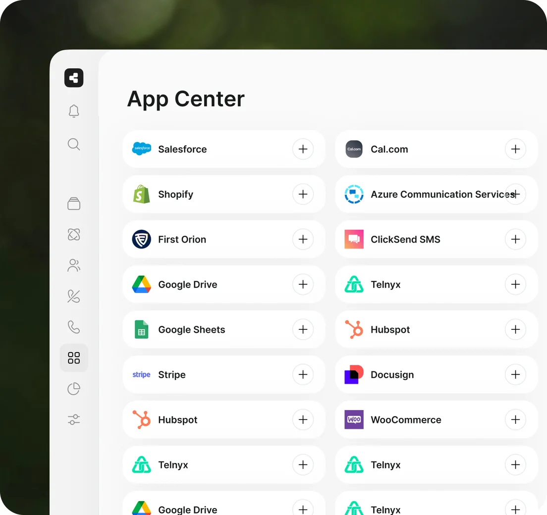 Callers App Center with customer, commerce, scheduling and communication integrations