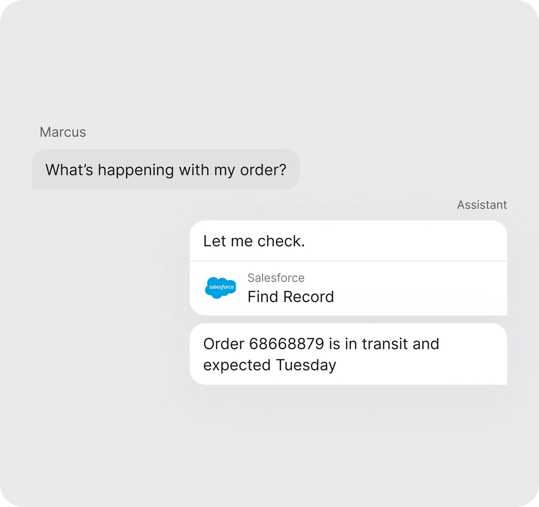 The AI agent finding the caller’s record in Salesforce mid-conversation and answering with the order status
