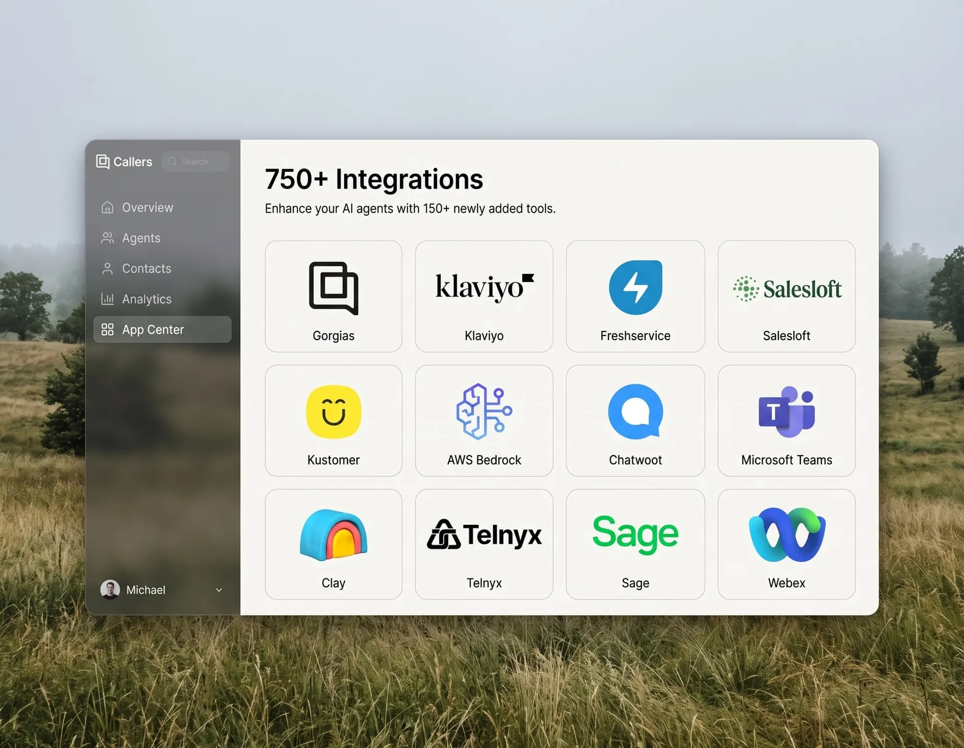 Callers App Center with newly added integrations, including Gorgias, Klaviyo, Salesloft, AWS Bedrock and Microsoft Teams