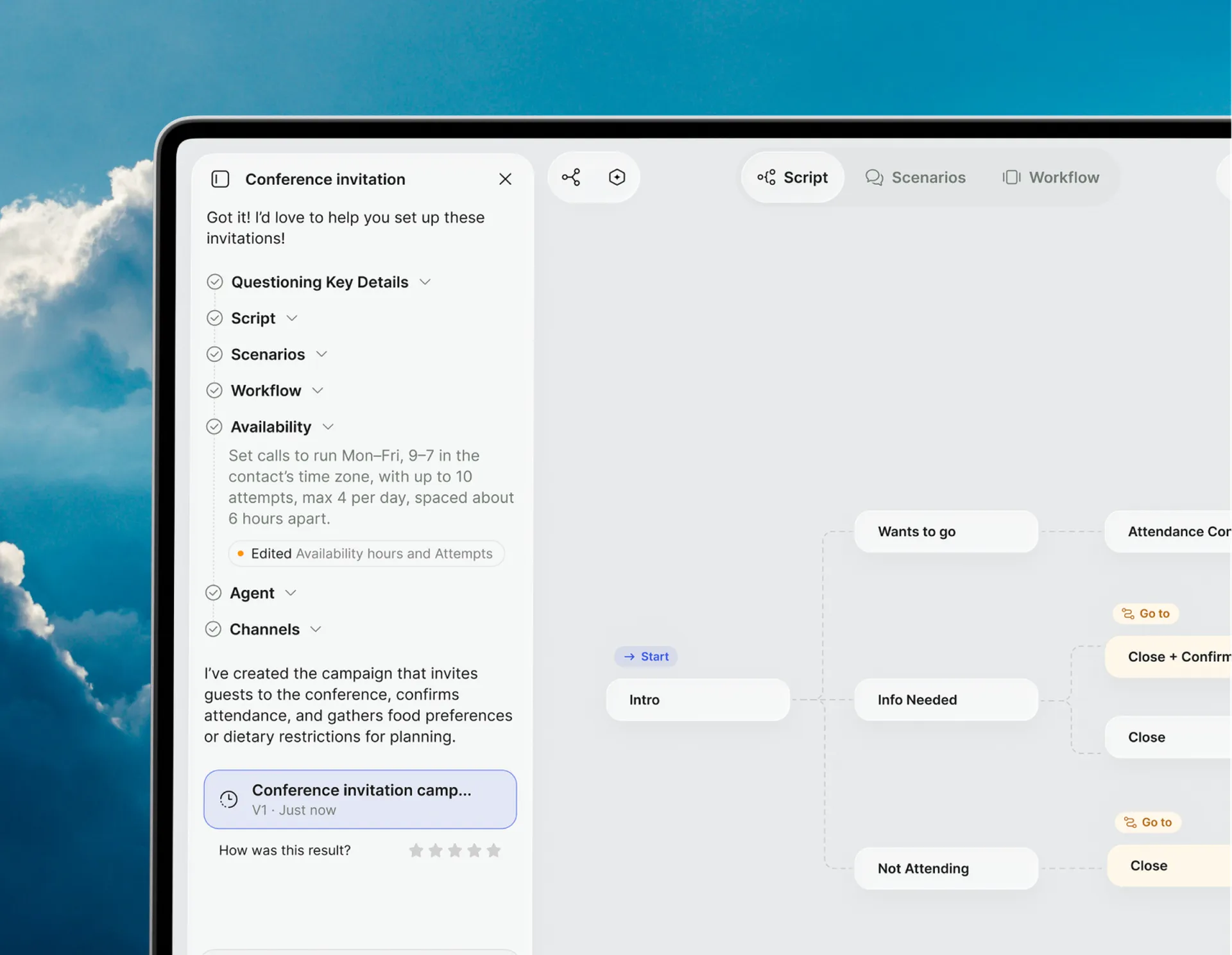 Callers product UI — campaign builder and conversation workflow view