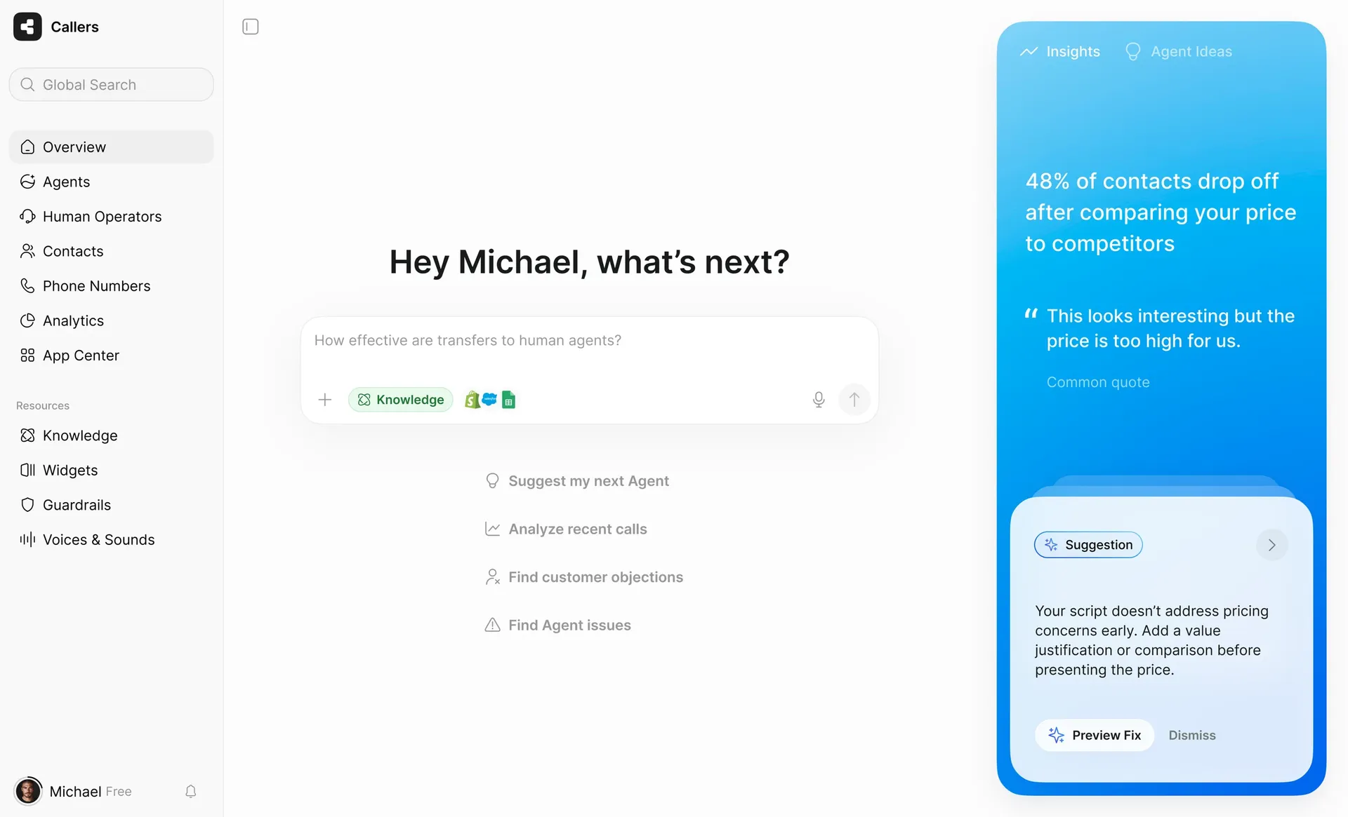 The Callers AI workspace: the assistant asks “Hey Michael, what’s next?”, with insights on the right