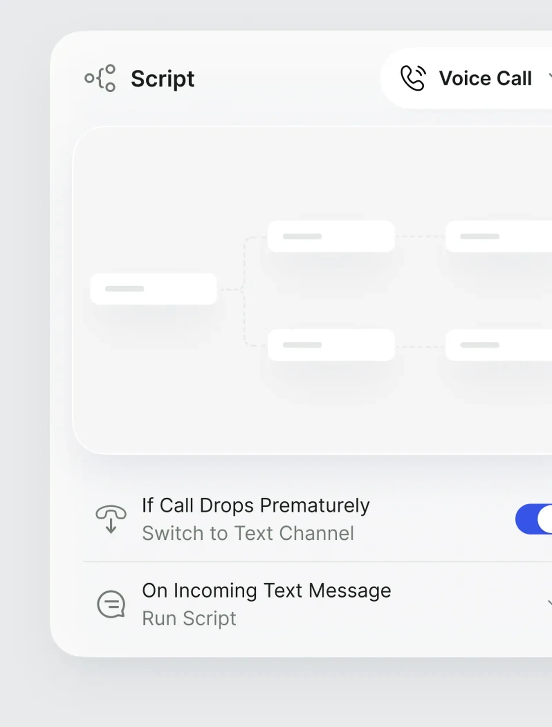 A Callers script builder, with a rule that switches a dropped call to the text channel