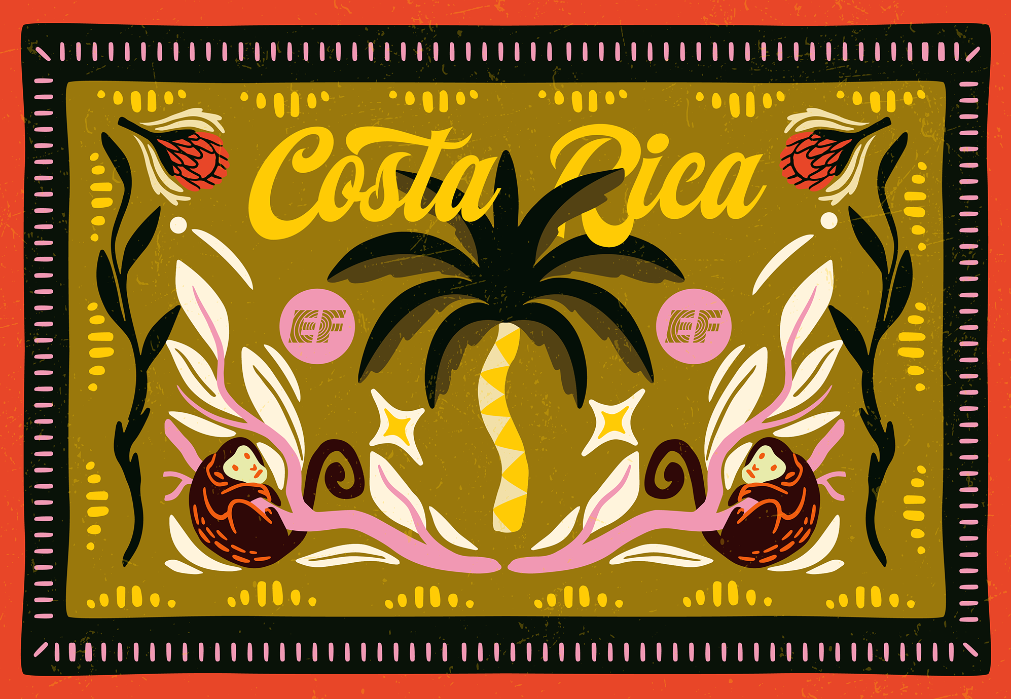 Illustrated Costa Rica graphic with a palm tree, two monkeys and tropical flowers around the words "Costa Rica" and the EF logo
