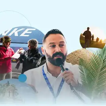 collage of a tour director and destinations
