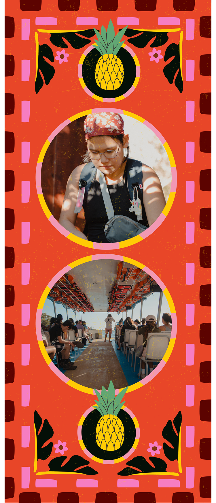 Decorative banner with pineapples and tropical leaves framing two photos: a student in a patterned bandana and glasses looking down, and a boat full of passengers wearing life jackets overhead in Costa Rica