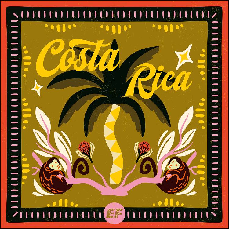 Illustrated Costa Rica graphic with a palm tree, two monkeys and tropical flowers around the words "Costa Rica" and the EF logo