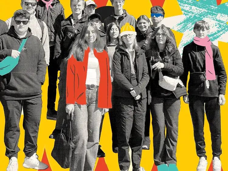 group of students with a stylized background