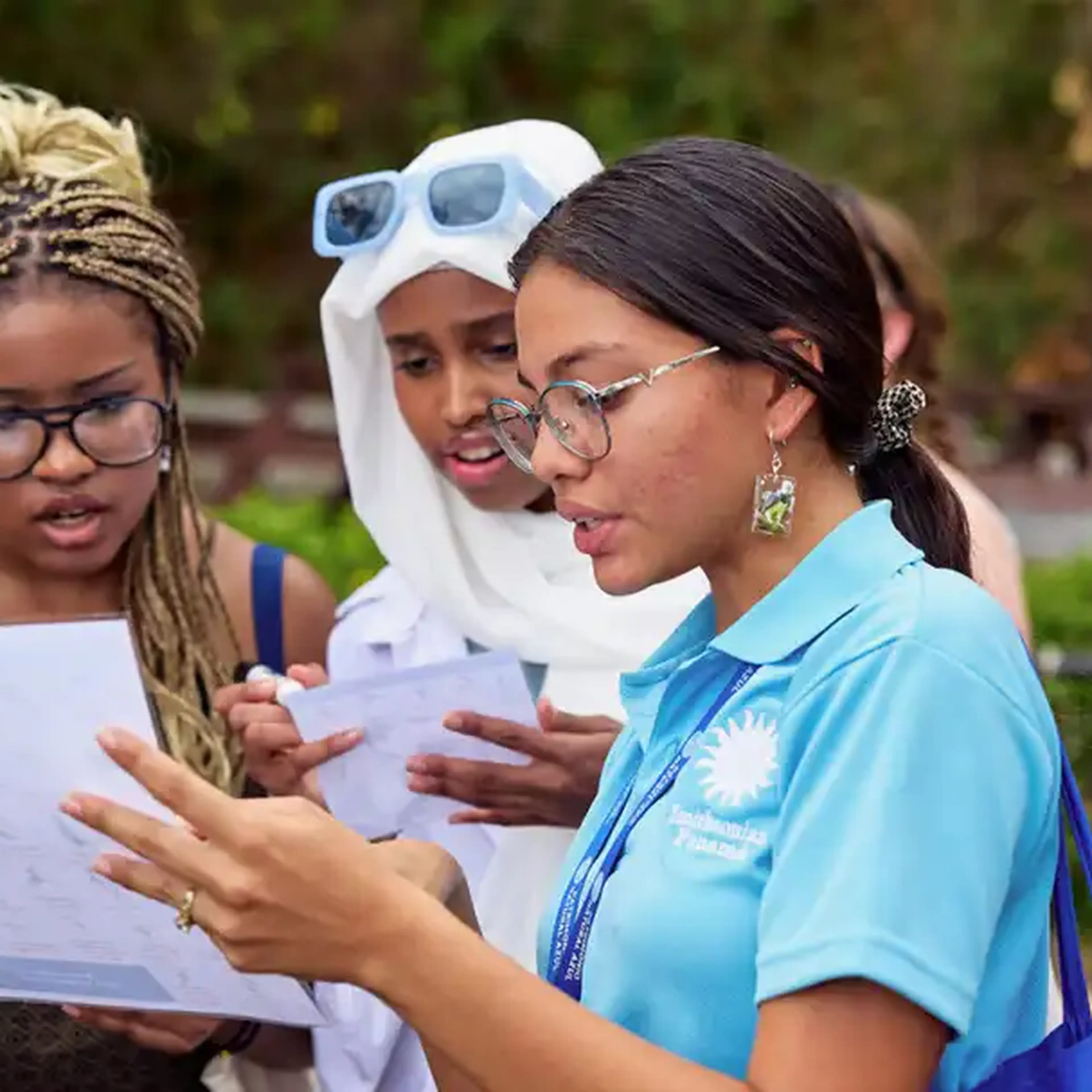 students talking on tour
