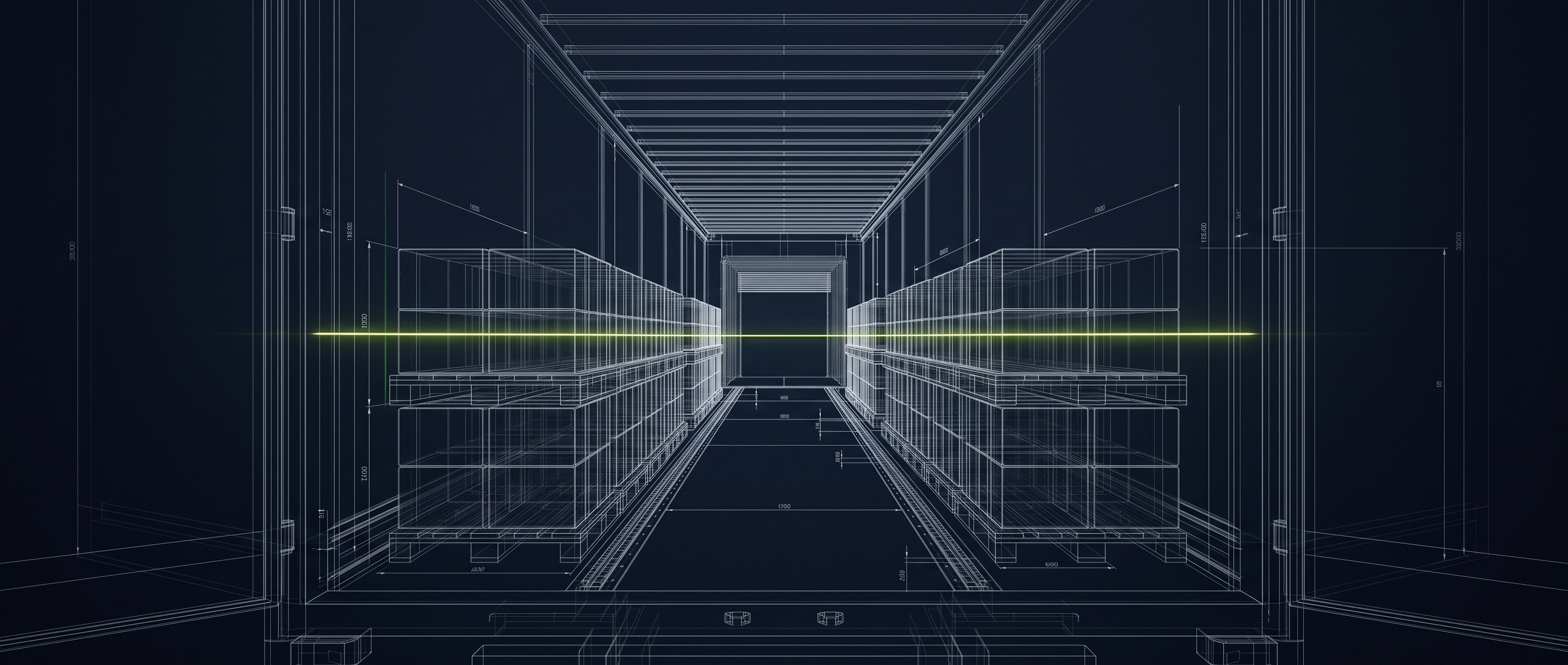 Dark cinematic editorial illustration, wide horizontal composition. A truck cab viewed head-on at a facility gate at night, rendered as clean geometric linework rather than photorealism. A single horizontal lime-green scanning line crosses the frame at windscreen height, suggesting verification rather than a physical barrier. Deep near-black background, cool grey linework, one bright lime-green accent used only for the scan line. No people, no faces, no hands. No legible text, no letters, no numbers, no license plate characters: use small abstract grey bars as placeholder for any writing. Generous negative space, flat vector shapes, no gradients, no photorealism --ar 16:9 --style raw