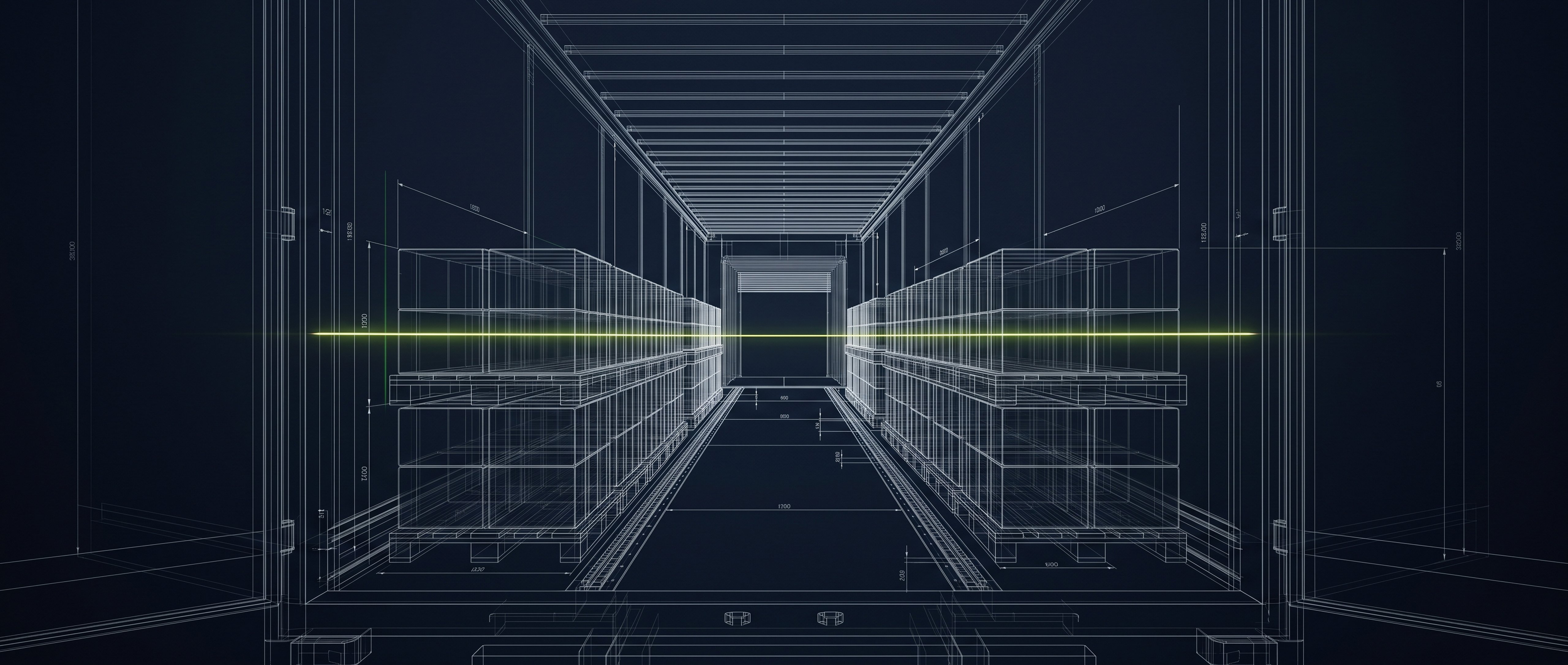 Dark cinematic editorial illustration, wide horizontal composition. A truck cab viewed head-on at a facility gate at night, rendered as clean geometric linework rather than photorealism. A single horizontal lime-green scanning line crosses the frame at windscreen height, suggesting verification rather than a physical barrier. Deep near-black background, cool grey linework, one bright lime-green accent used only for the scan line. No people, no faces, no hands. No legible text, no letters, no numbers, no license plate characters: use small abstract grey bars as placeholder for any writing. Generous negative space, flat vector shapes, no gradients, no photorealism --ar 16:9 --style raw