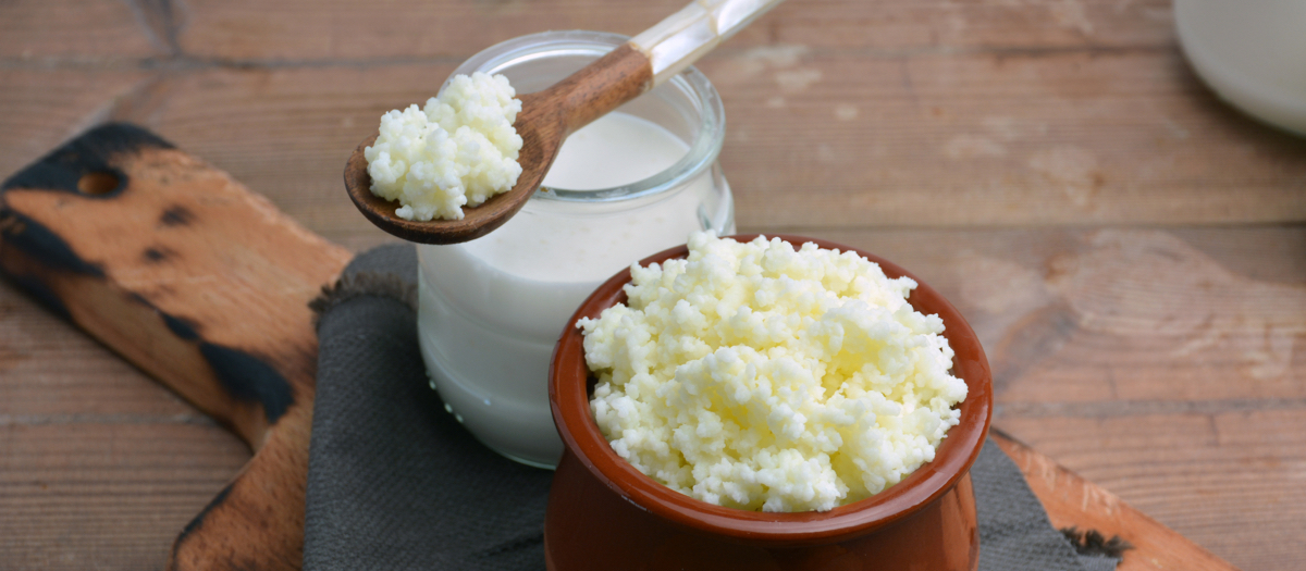 Milchprodukte wie Joghurt und Käse von oben auf hellblauem Hintergrund.