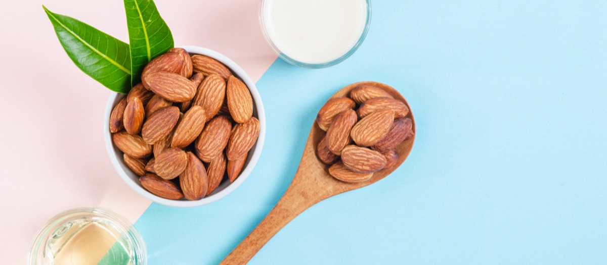 Mandelkerne, -öl und -milch auf zweifarbigem Untergrund.