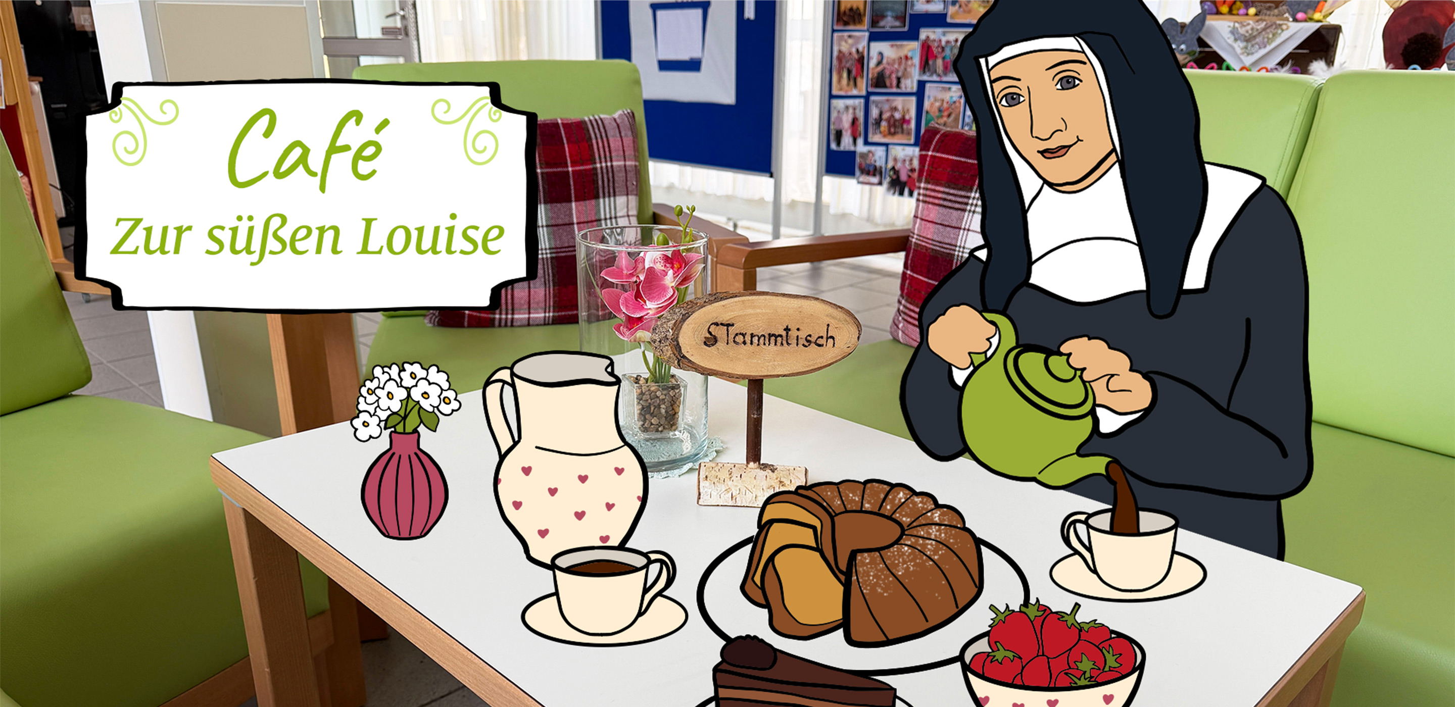 Illustration von der Heiligen Louise von Marillac, die an einem Tisch mit Kuchen und Blumen sitzt und die Kaffee einschenkt.
