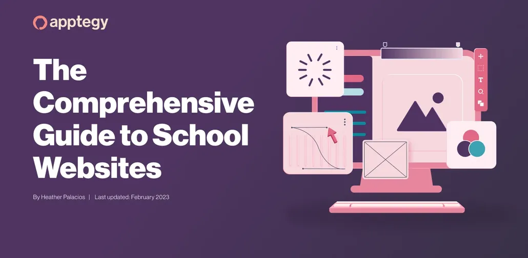 Cover image titled "The Comprehensive Guide to School Websites" with icons of charts and a computer screen on a purple background.