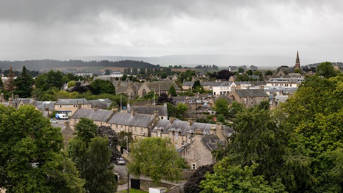 Landscape with Scottish architecture of grey houses and rooftops