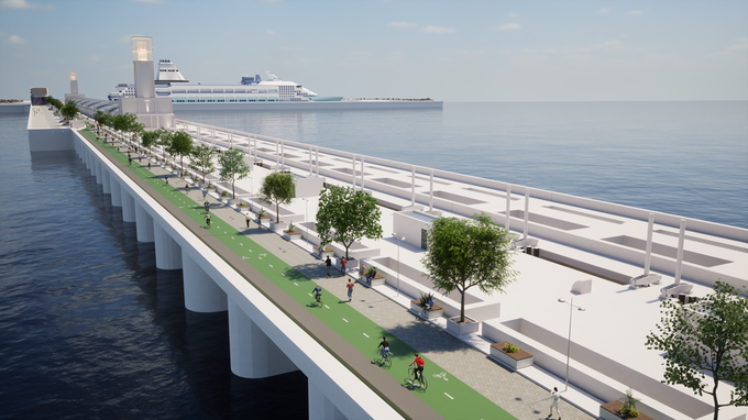 A computer generated image of a modern pier with a green bike path, trees, and people cycling, extends towards a docked cruise ship