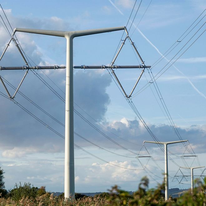 T-shaped high-voltage pylons and power lines