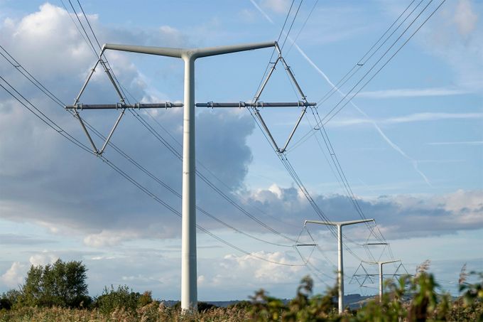 T-shaped high-voltage pylons and power lines