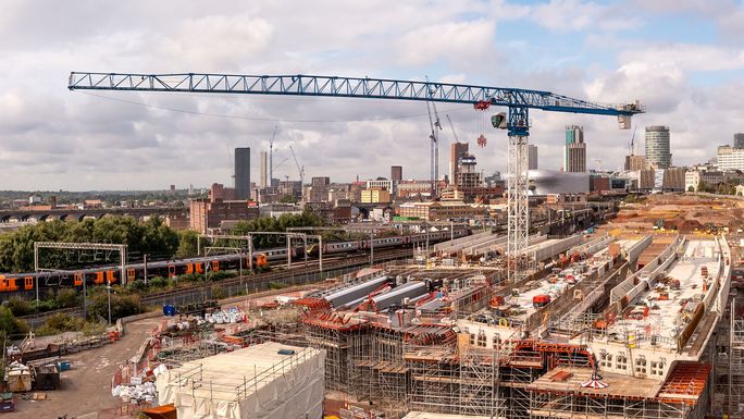 An aerial panoramic view of rail construction site
