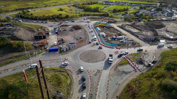 Aerial view of roadworks and traffic cones during the dualling of the A465 road in South Wales